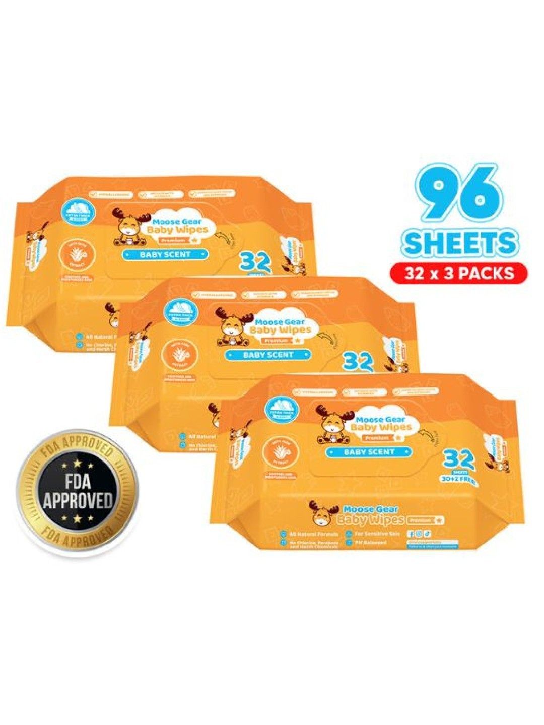 Moose Gear Baby Wipes Baby Scent (32s x 3 Packs) edamama